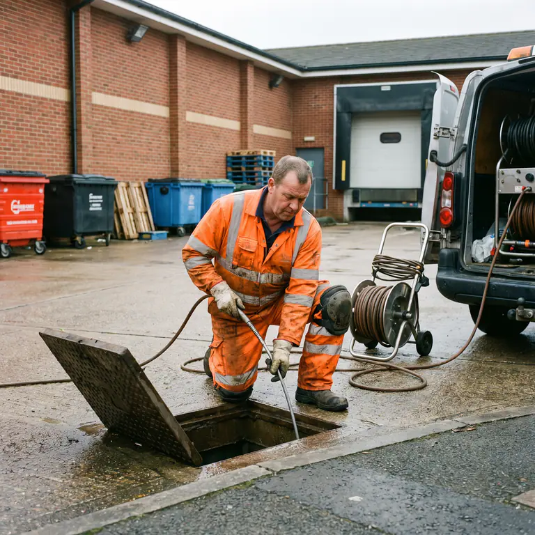 Drainage engineer inspecting an access point at commercial premises