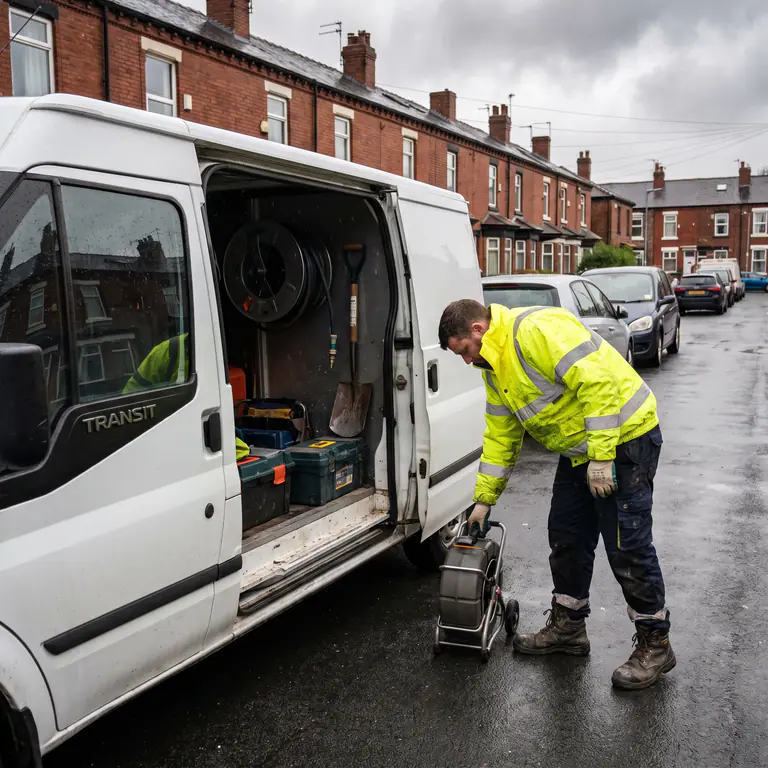 Drainage engineer unloading equipment from a service van on a residential street